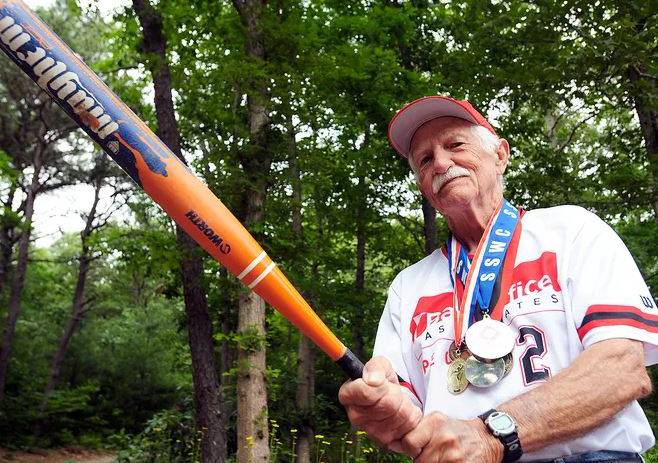 Image, Bill Page, Holding Bat, Over-75 AAA Softball